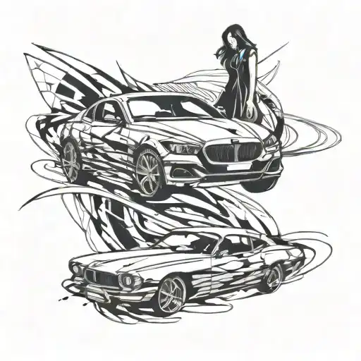 A Sleek And Abstract Design Of A Speeding Car Intertwined With Elegant Female Silhouettes