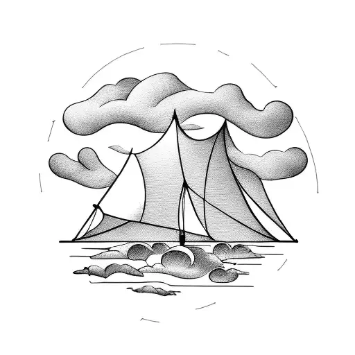 A Surreal Tattoo Of A Tent Floating On A Tranquil Ocean With A Cooking Pot Hanging From A Cloud