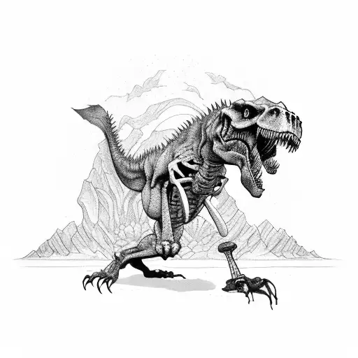 A Demonic T-rex Battling A Skeleton Warrior In A War-torn Landscape