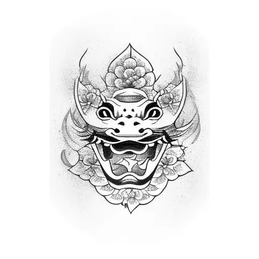 Koi Fish With Half Hannya Mask With Waves And Cherry Blossom Leafs And Flowers Falling