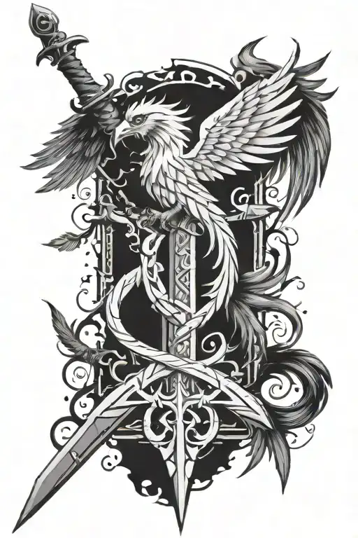 Shattered Sword With Phoenix Perched At Hilt With Tail Feather Holding The Pieces In Place