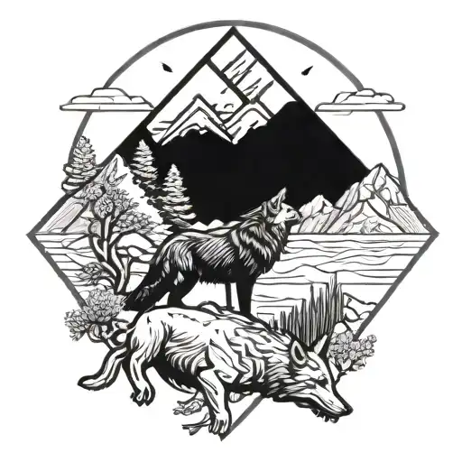 Wolves Howling And Mountain Landscape