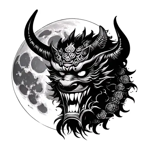 Japanese Demon Mask Against The Background Of The Moon