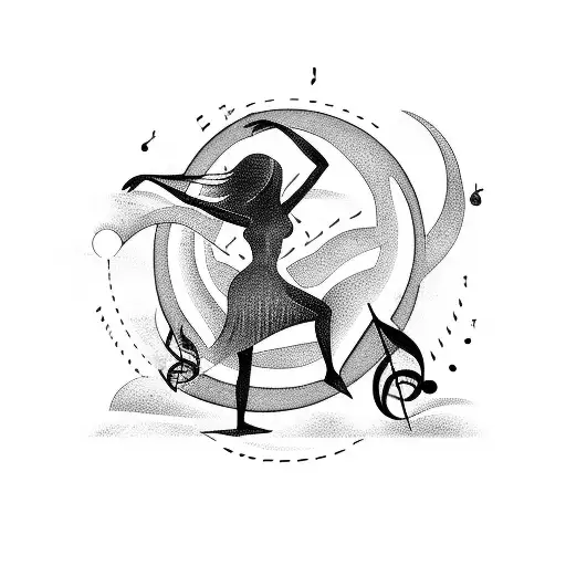A Woman's Silhouette Dancing On A Beach With Musical Notes Flowing Around Her