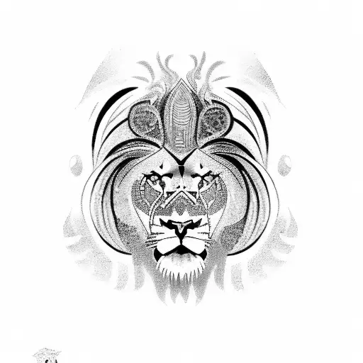 Tattoo Depicting A Majestic Lion With Egyptian And Greek Symbols Integrated Into Its Mane