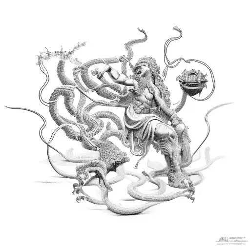 A Depiction Of Perseo's Victory Over Medusa In A Dotwork Style
