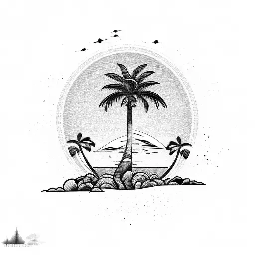 A Majestic Palm Tree Standing Tall On A Tropical Beach With A Vibrant Sunset Sky In The Background