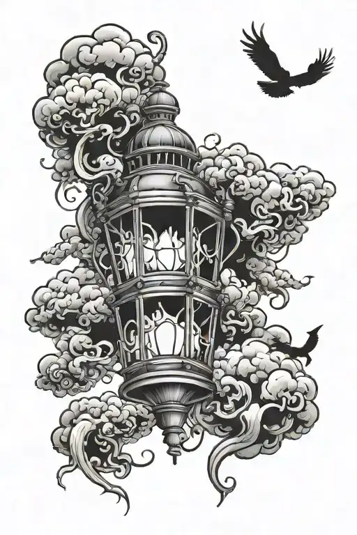 Dark Creature And A Lantern Surrounded By Clouds