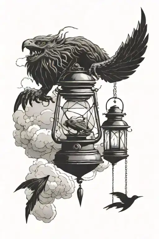 Dark Creature And A Lantern Surrounded By Clouds