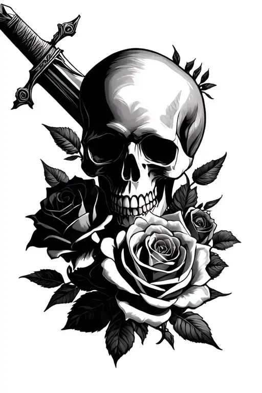 Skull In Between Roses With Dagger