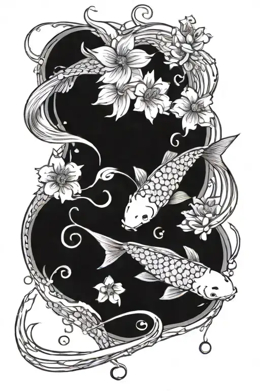 Koi Fish In A Yin And Yan Motion With Flowers And Water Flowing