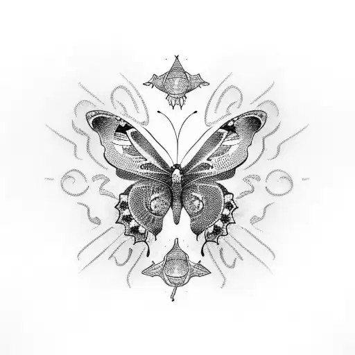 A Dotwork Tattoo Featuring A Graceful Butterfly With A Hidden Scorpio Zodiac Symbol
