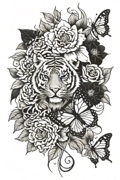 Flowers And Butterflies On Tiger