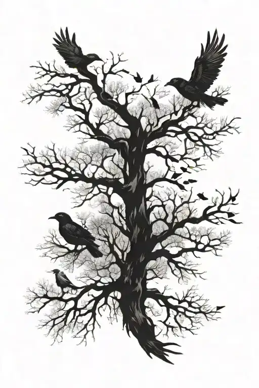 Crows Flying In Tree Filled Park