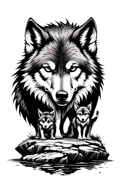 Wolf And Little Brother On A Rocks Forming The Shape