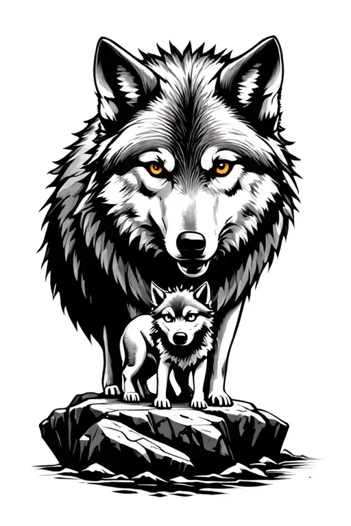 Wolf And Little Brother On A Rocks Forming The Shape