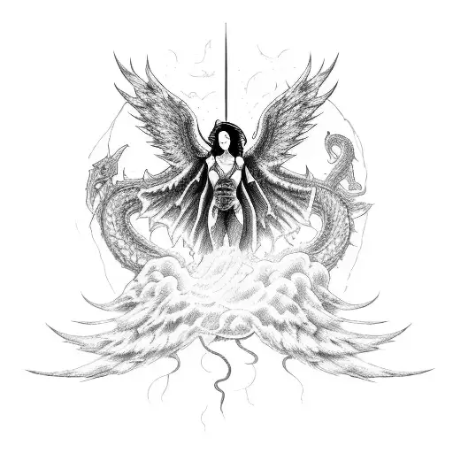 An Army Of Angelscoming Down From The Heavens To Fight A Serpent Demon