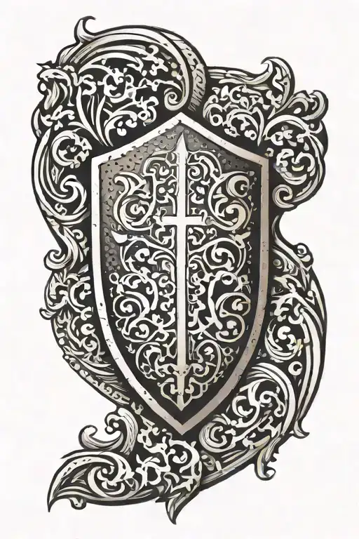 A Tattoo Of A Medieval Shield With Intricate Patterns Representing Different Eras Of History