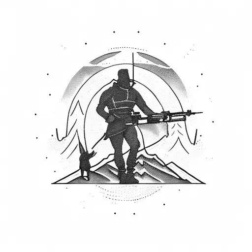 A Silhouette Of A Hunter Aiming At A Target Against A Mountain Backdrop