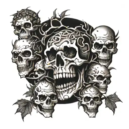 A Skull Surrounded By Goblins And Trolls In A Dark Forest Setting