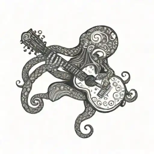 A Cosmic Octopus Playing A Guitar Surrounded By Swirling Galaxies