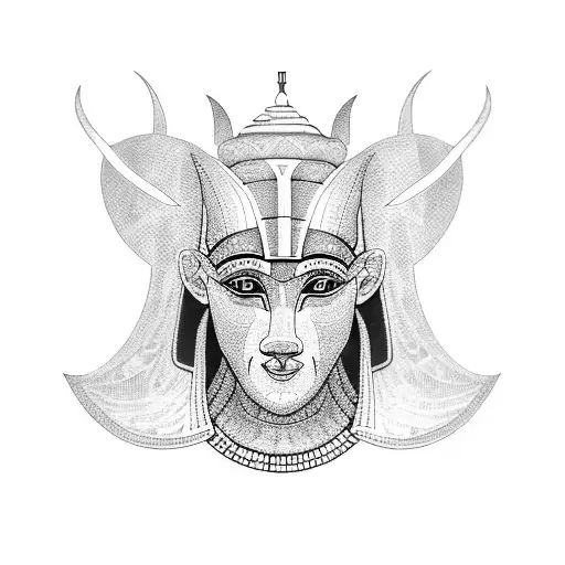 A Dotwork Tattoo Of An Egyptian Animal-headed Deity Guarding A Temple