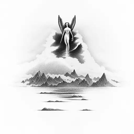 A Serene Seascape With A Guardian Angel Overlooking The Horizon