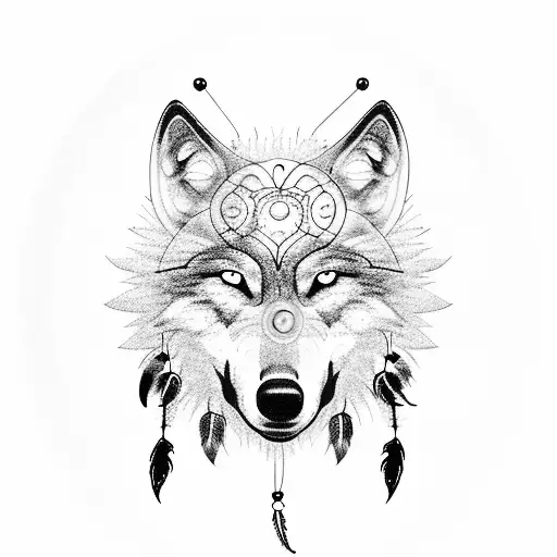 Wolf With Dream Catcher And Trees