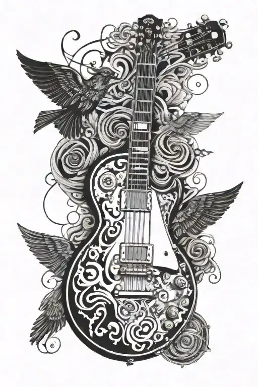 2D Les Paul Guitar Dissolving Into Bird Shapes In Black And White