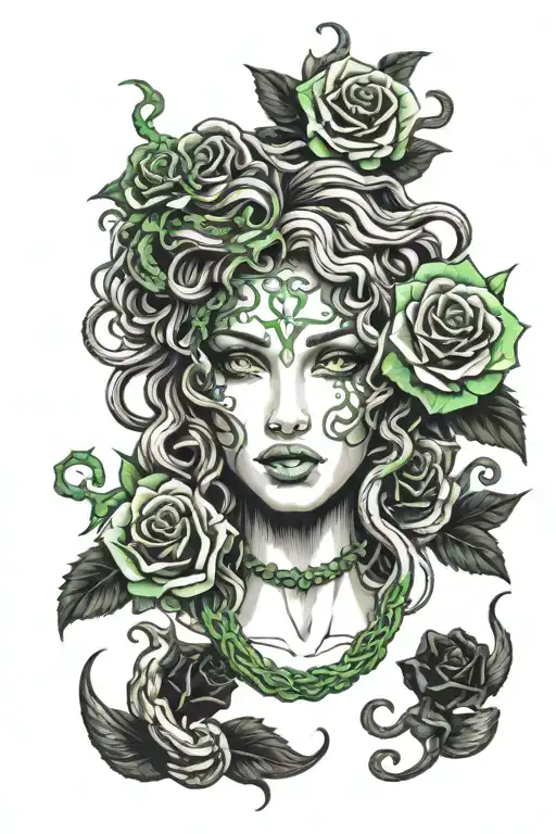 Medusa With Snake Hair With Bright Green Eyes And Black Roses And Thorns