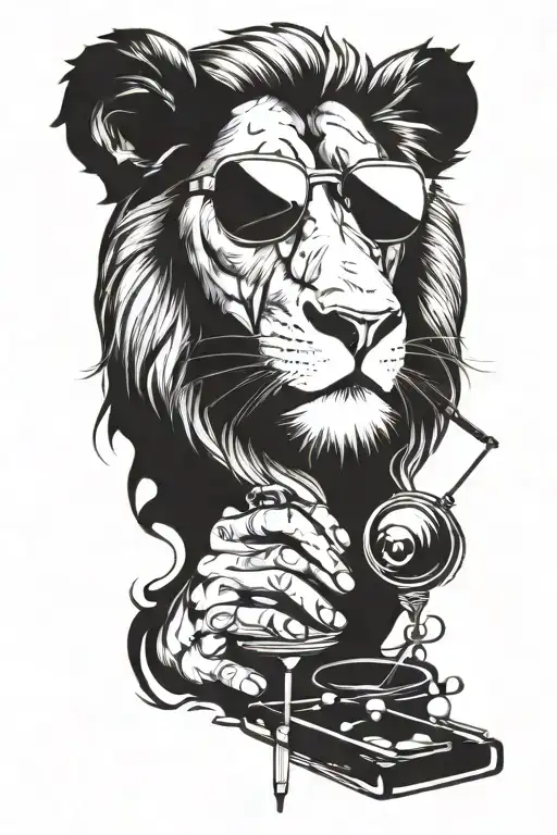 Design A Blackwork Tattoo Of A Lion Wearing Sunglasses And Listening To Music While Playing Snooker