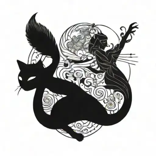 Incorporate A Silhouette Of A Dancer Gracefully Moving With A Cat Perched On Their Shoulder