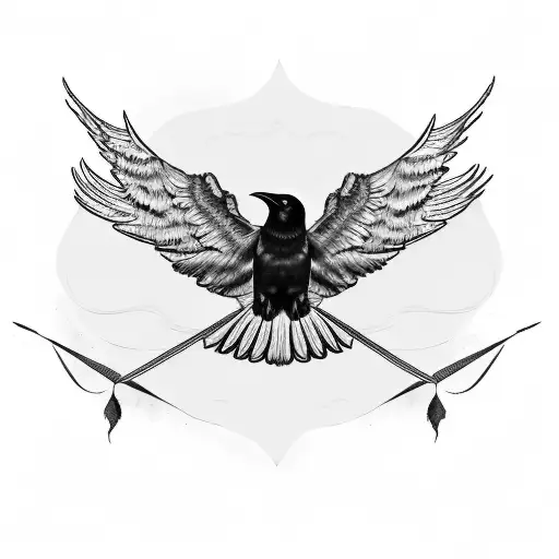 Raven With Spread Wings And Falling Feathers