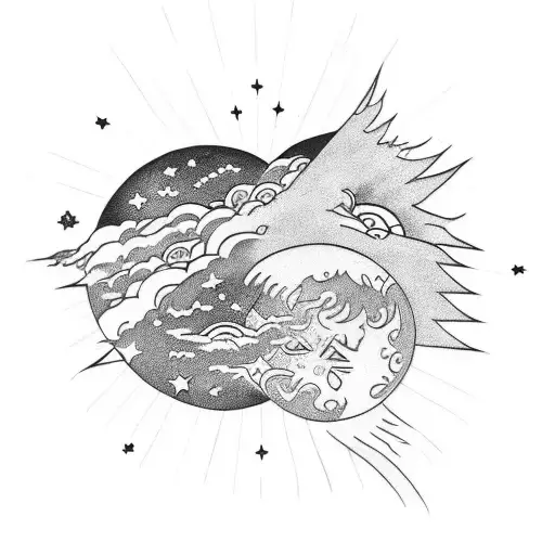 A Celestial Scene With The Moon And Sun In An Embrace