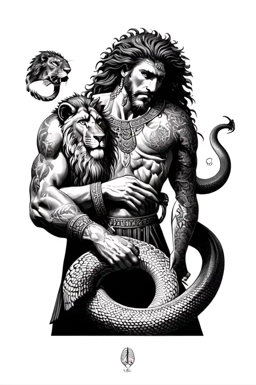 Gilgamesh Sumerian With A Lion In His Left Arm And A Snake Raveling Up His Hand In The Other