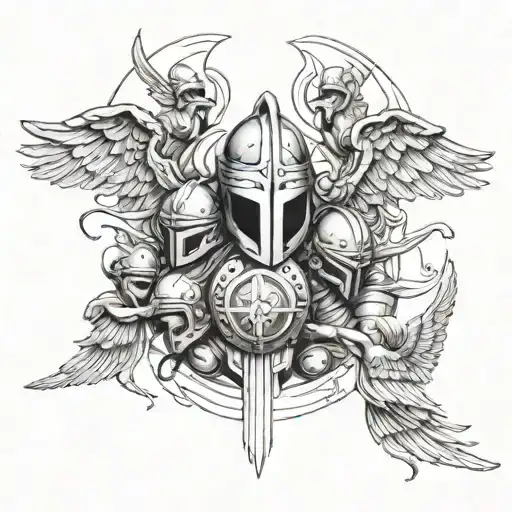 Sparta Helmet Behind A Group Of Angels Flyng In Sun