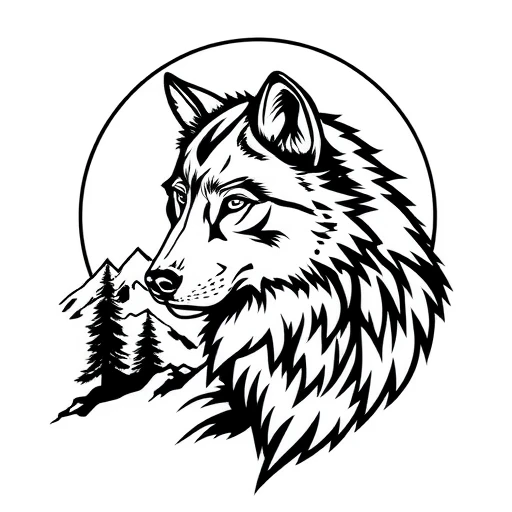 Wolf with mountain background Tattoo idea