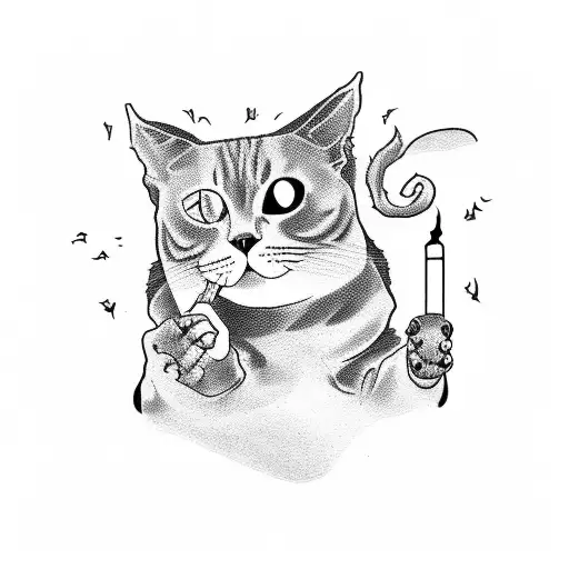 A Minimalist Tattoo Of A Zombie Cat Smoking A Joint