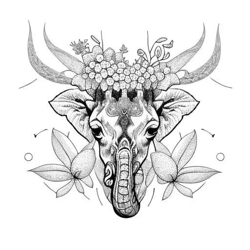 A Blackwork Design Of A Giraffe And Elephant Standing Amidst A Field Of Wildflowers