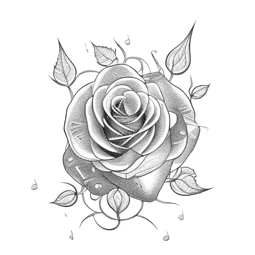 A Blackwork Tattoo Of A Rose Intertwined With Musical Notes