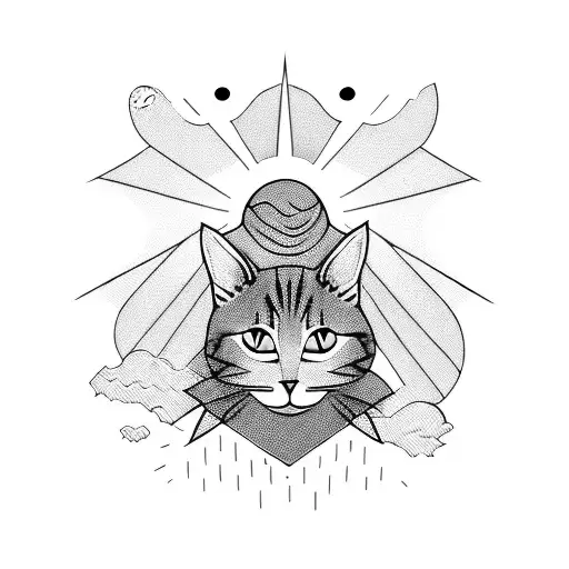 A Blackwork Tattoo Of A Cat Silhouette Sitting On A Mountain Peak With A Large Sun Rising Behind It