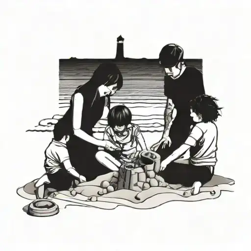 A Family Of Four Building Sandcastles On The Beach