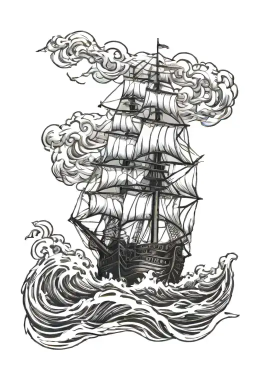 Pirate Ship Sailng Through Stormy Weather And Rough Seas Being Attacked By A Sea Monster