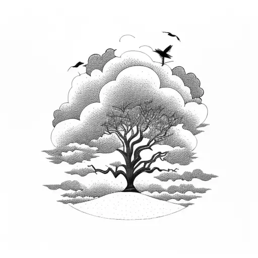 A Majestic Tree Surrounded By Clouds And Birds