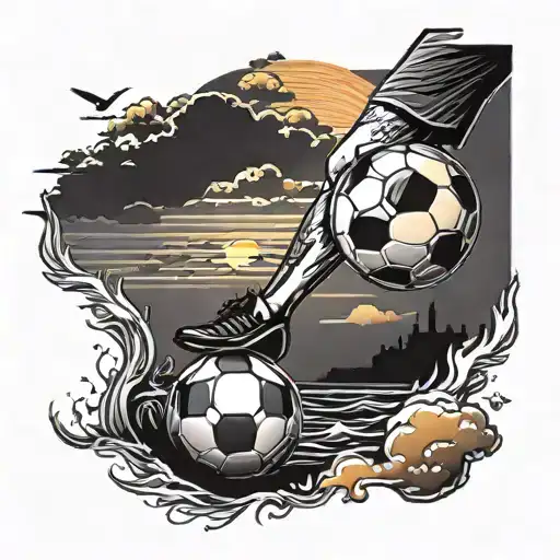 A Leg Sleeve Tattoo Featuring A Soccer Ball Being Kicked Into A Beautiful Sunset