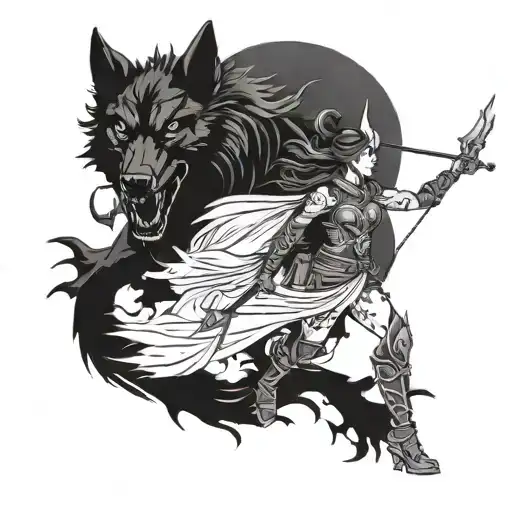 Female Warrior Walking With Her Black Wolf And Her Fantasy Dragon Flaying Above