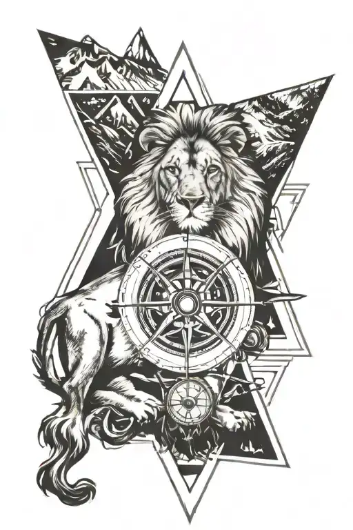 Lion With Compass And Mountain In Triangle Shape Surrounded
