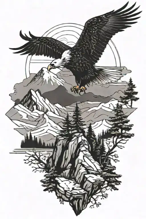 Eagle On Mountain With Trees Background Looking