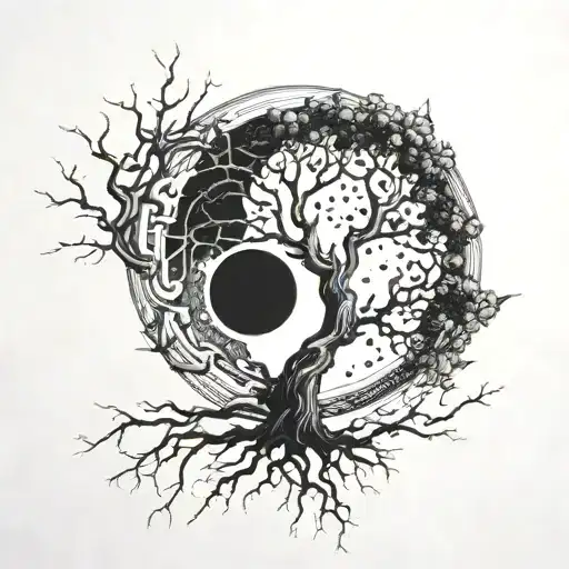 A Leafless Tree That Has A Combo Of The Sun And Moon Above It