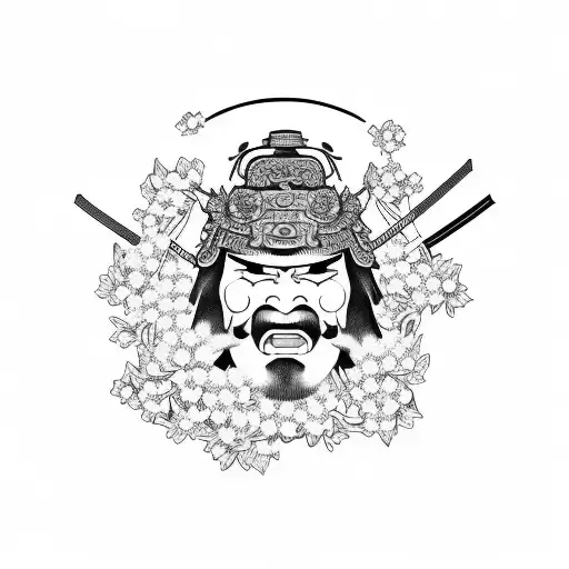 Samurai Warrior With A Hannya Mask Surrounded By Cherry Blossoms